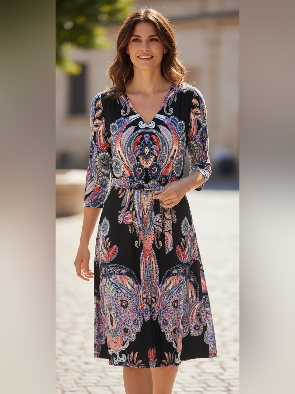 Luxology Black Paisley-Print Long Sleeve Midi Dress